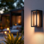 A photograph of a modern outdoor light mounting box installed in a stylish outdoor setting
