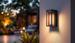 A photograph of a modern outdoor light mounting box installed in a stylish outdoor setting