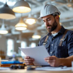 A photograph of a lighting contractor inspecting a commercial space