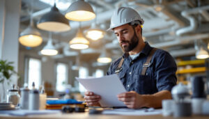 A photograph of a lighting contractor inspecting a commercial space