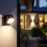 A photograph of a well-lit exterior setting showcasing a stylish motion sensor light fixture in action