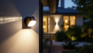 A photograph of a well-lit exterior setting showcasing a stylish motion sensor light fixture in action