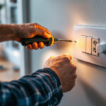 A photograph of a skilled lighting contractor installing a modern electric switch and outlet in a stylish home setting