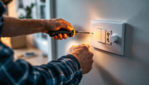 A photograph of a skilled lighting contractor installing a modern electric switch and outlet in a stylish home setting