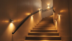 A photograph of a well-lit stairwell featuring modern led lighting fixtures that highlight the architectural details and create a warm
