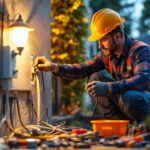 A photograph of a skilled lighting contractor working diligently on an exterior light junction box installation