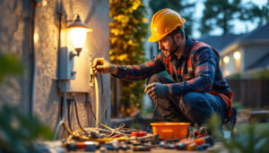 A photograph of a skilled lighting contractor working diligently on an exterior light junction box installation