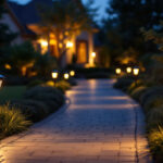 A photograph of a beautifully lit driveway at dusk