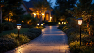 A photograph of a beautifully lit driveway at dusk