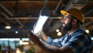 A photograph of a lighting contractor expertly replacing a fluorescent tube with a modern led fixture in a well-lit commercial space