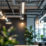 A photograph of a modern commercial lighting setup in an office or retail environment
