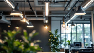 A photograph of a modern commercial lighting setup in an office or retail environment