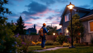 A photograph of a lighting contractor installing home depot solar lamps in a residential backyard