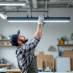 A photograph of a lighting contractor efficiently installing a drop light fixture in a modern workspace