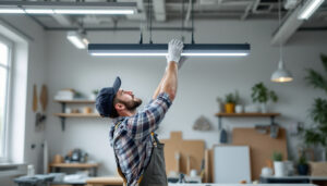 A photograph of a lighting contractor efficiently installing a drop light fixture in a modern workspace
