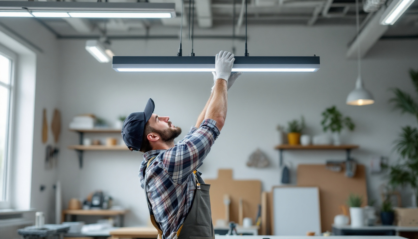 A photograph of a lighting contractor efficiently installing a drop light fixture in a modern workspace