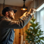 A photograph of a skilled lighting contractor strategically installing or adjusting drop lighting in a well-designed interior space
