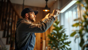 A photograph of a skilled lighting contractor strategically installing or adjusting drop lighting in a well-designed interior space