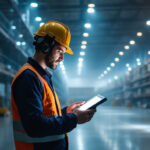 A photograph of a lighting contractor assessing a large warehouse space