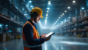 A photograph of a lighting contractor assessing a large warehouse space