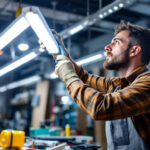 A photograph of a lighting contractor expertly installing t5 led lights in a modern workspace