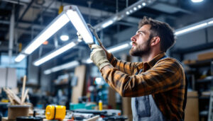 A photograph of a lighting contractor expertly installing t5 led lights in a modern workspace