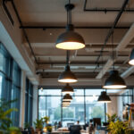 A photograph of a well-lit office space featuring modern ceiling lights