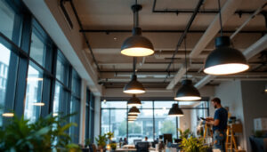 A photograph of a well-lit office space featuring modern ceiling lights