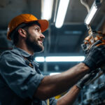 A photograph of a lighting contractor confidently installing led tubes in a commercial space