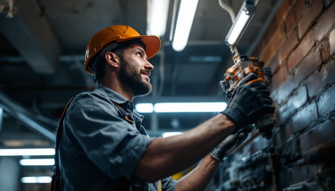 A photograph of a lighting contractor confidently installing led tubes in a commercial space