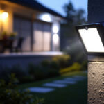 A photograph of a solar motion sensor flood light installed in a residential outdoor setting