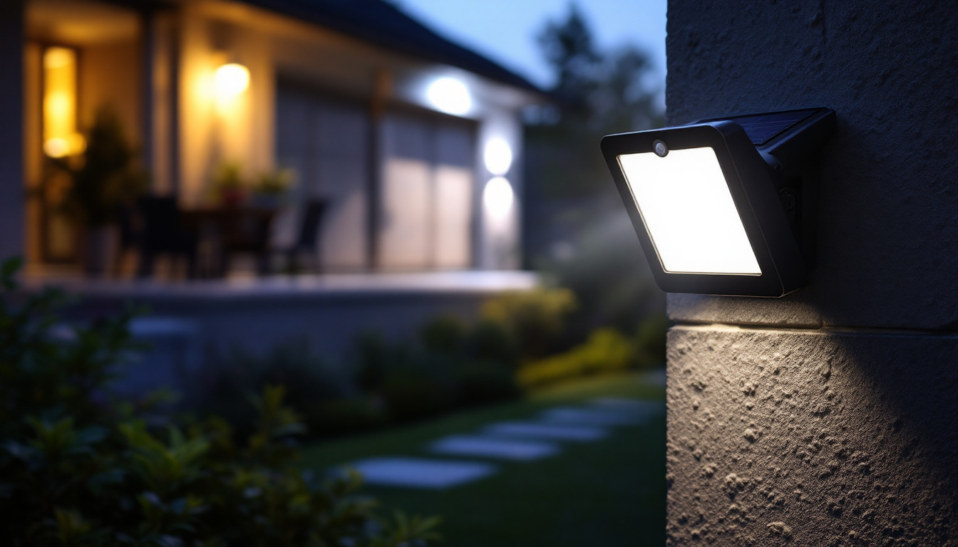 A photograph of a solar motion sensor flood light installed in a residential outdoor setting