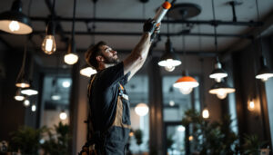 A photograph of a lighting contractor expertly installing or adjusting various lighting fixtures in a commercial or residential setting