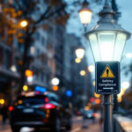 A photograph of a well-lit urban street scene featuring a lamp post street light