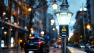 A photograph of a well-lit urban street scene featuring a lamp post street light