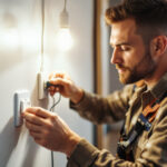 A photograph of a skilled lighting contractor installing or adjusting light switches and plugs in a well-lit room