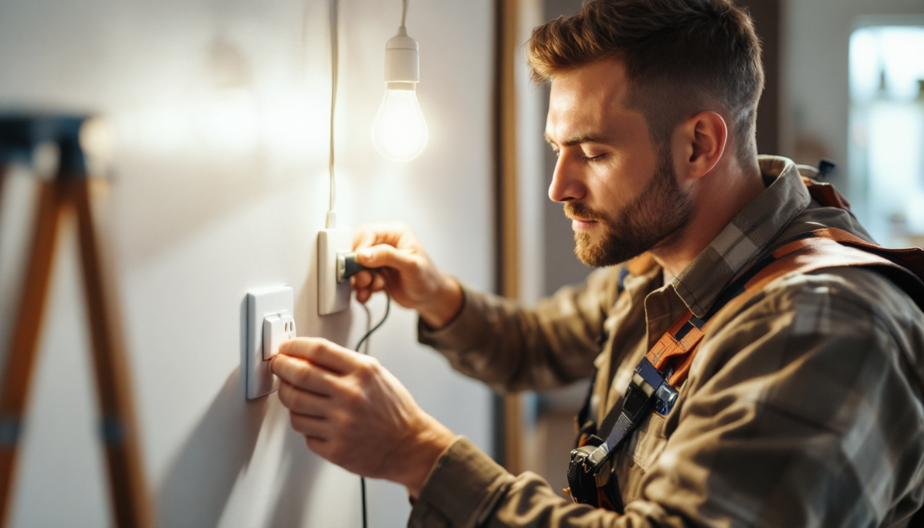 A photograph of a skilled lighting contractor installing or adjusting light switches and plugs in a well-lit room