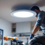 A photograph of a lighting contractor skillfully installing a led recessed lighting retrofit conversion kit in a modern home setting