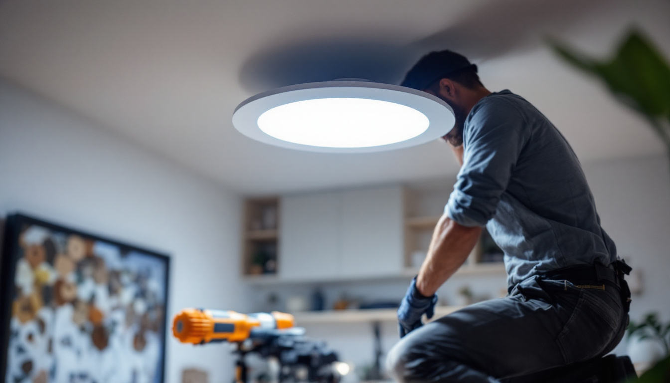 A photograph of a lighting contractor skillfully installing a led recessed lighting retrofit conversion kit in a modern home setting