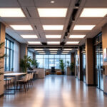 A photograph of a well-lit commercial space featuring sleek 2x2 drop ceiling led lights in action
