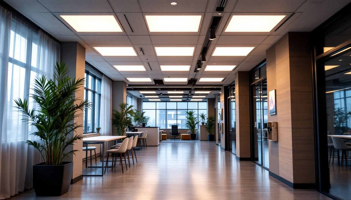 A photograph of a well-lit commercial space featuring sleek 2x2 drop ceiling led lights in action