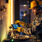 A photograph of a skilled lighting contractor installing vibrant led strip lights in a modern interior space