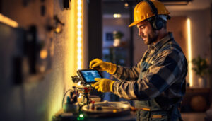 A photograph of a skilled lighting contractor installing vibrant led strip lights in a modern interior space