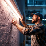 A photograph of a lighting contractor installing a 4ft strip light in a commercial space