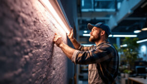A photograph of a lighting contractor installing a 4ft strip light in a commercial space