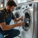 A photograph of a skilled lighting contractor installing a power plug specifically designed for a washing machine in a modern laundry room