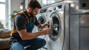 A photograph of a skilled lighting contractor installing a power plug specifically designed for a washing machine in a modern laundry room