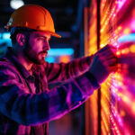 A photograph of a lighting contractor installing or adjusting rgb led lights in a modern setting
