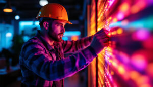 A photograph of a lighting contractor installing or adjusting rgb led lights in a modern setting