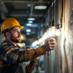 A photograph of a skilled lighting contractor working intently on a modern smart lighting installation